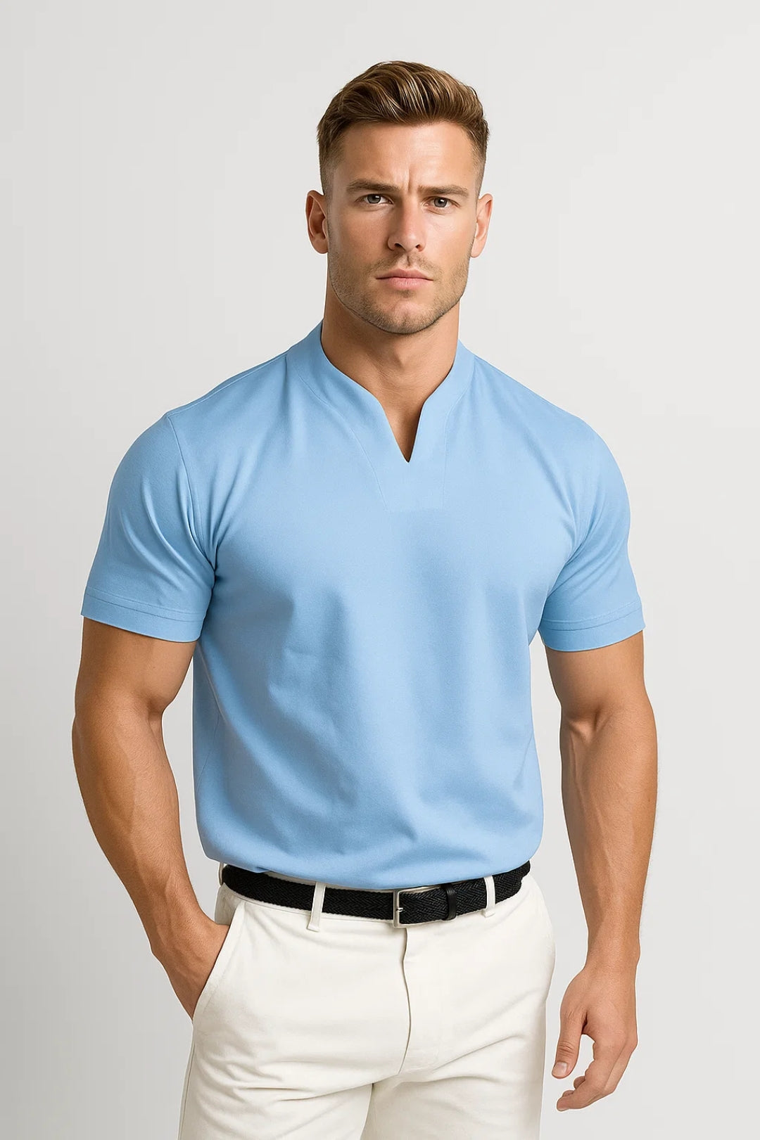 Men's Regular Fit Split Collar Shirt in Soft Blue