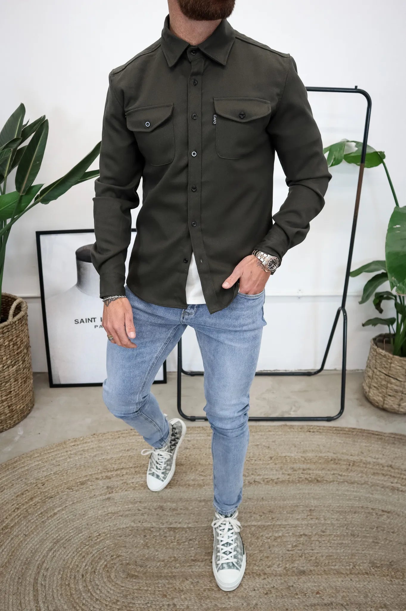 Men's Lightweight Overshirt with Pocket in Soft Beige