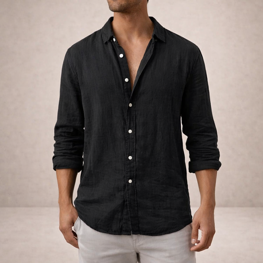 Linen Shirt for Men, Regular Fit, Open Collar