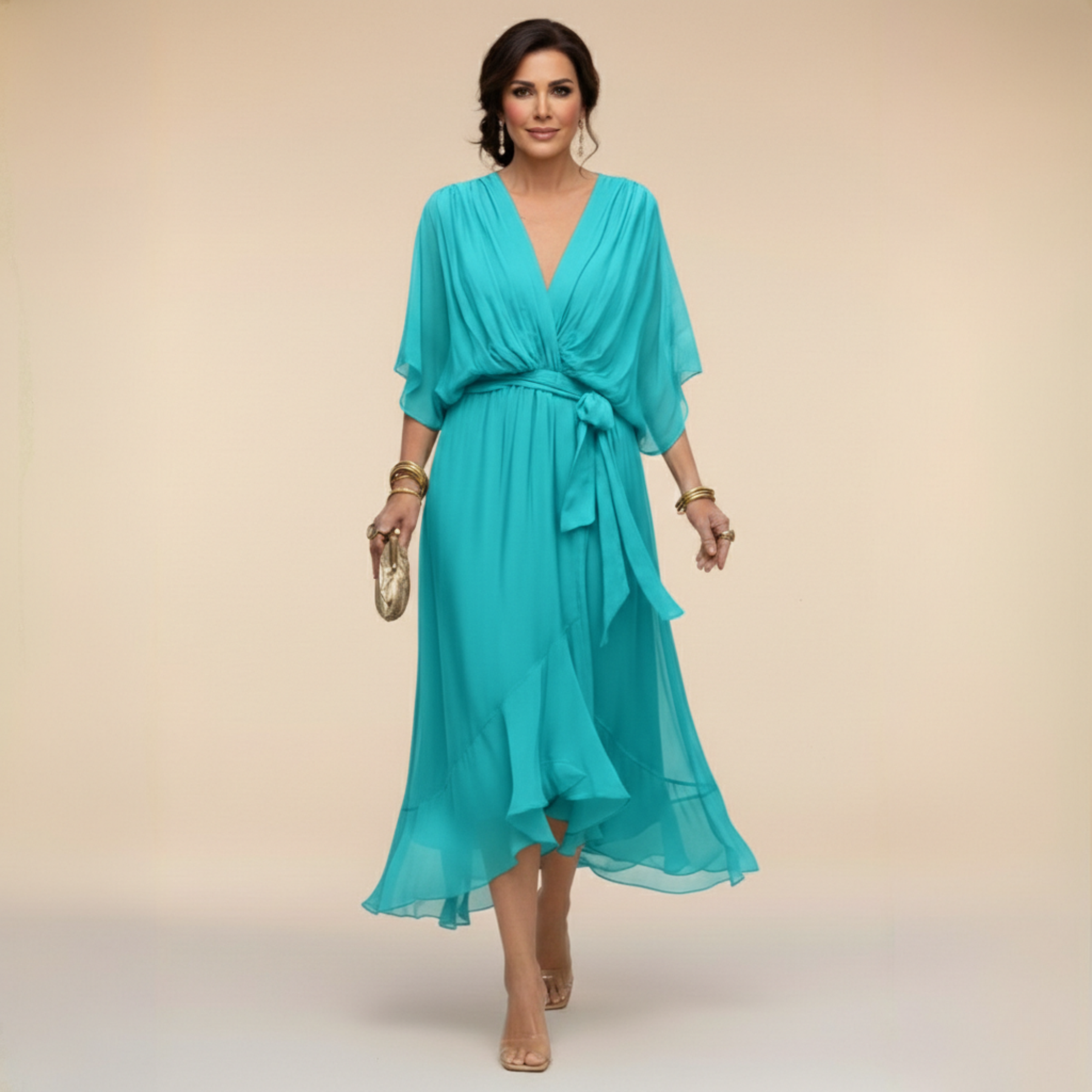 Elena Silk V-Neck Midi Dress