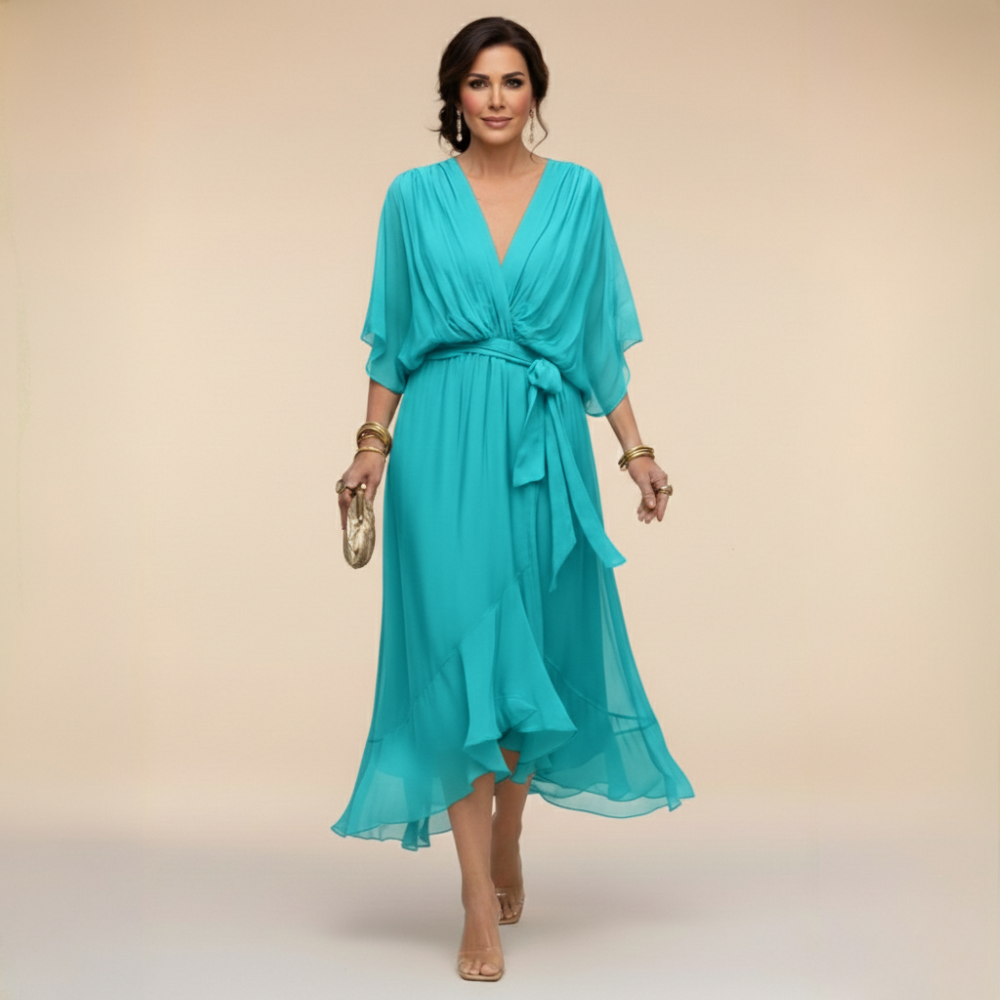 Elena Silk V-Neck Midi Dress