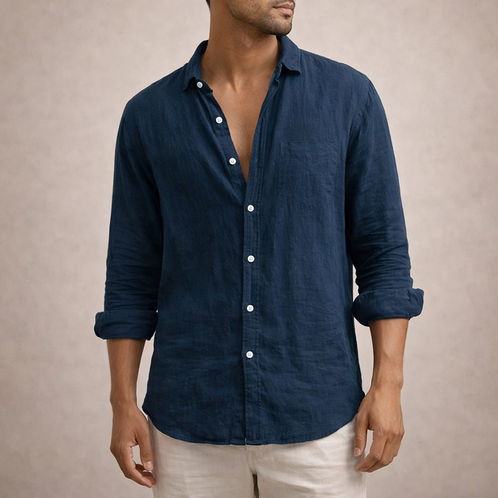 Linen Shirt for Men, Regular Fit, Open Collar