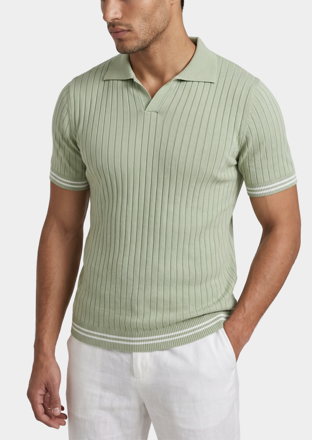 Pistache Ribbed Buttonless Polo Shirt