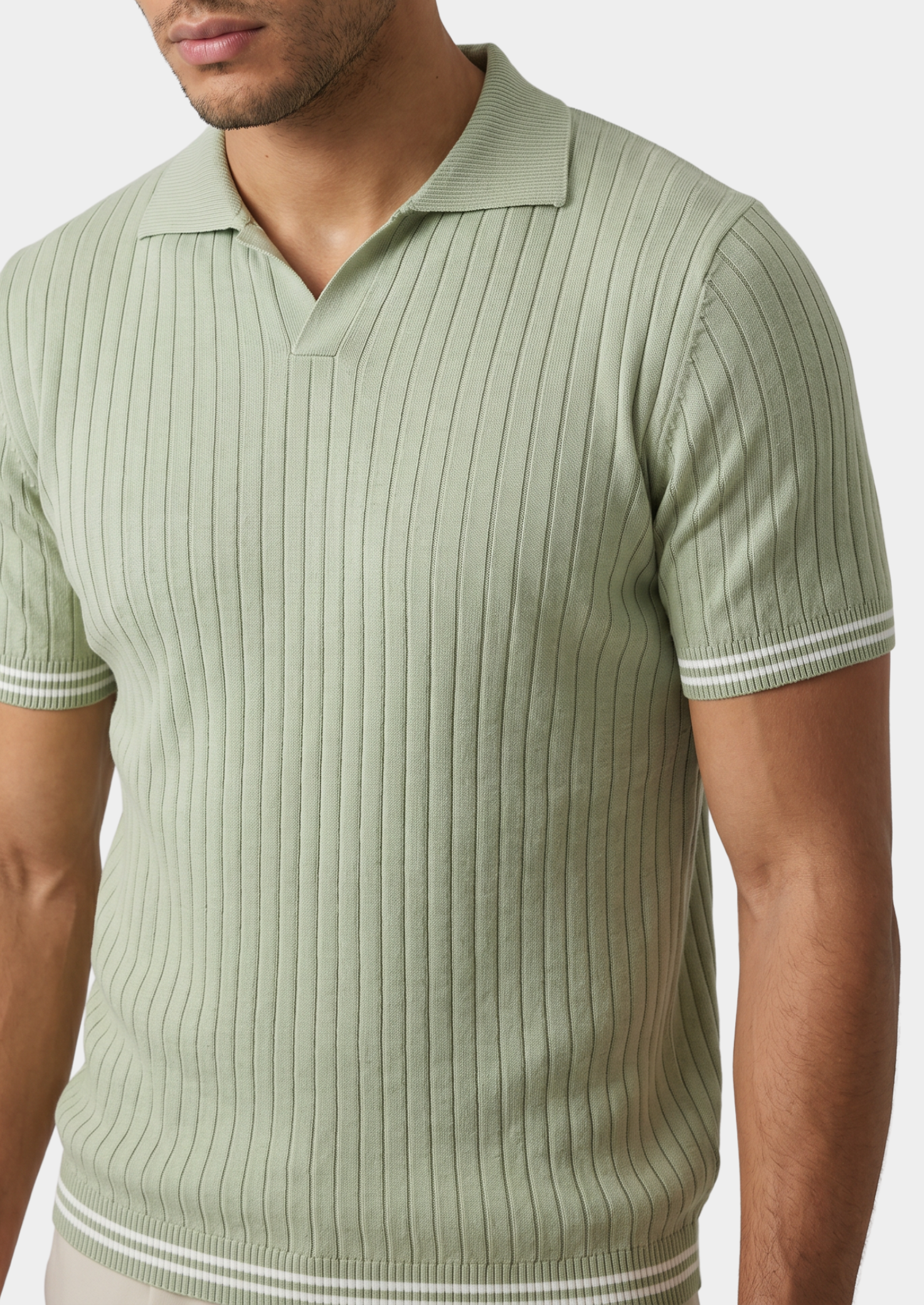 Pistache Ribbed Buttonless Polo Shirt