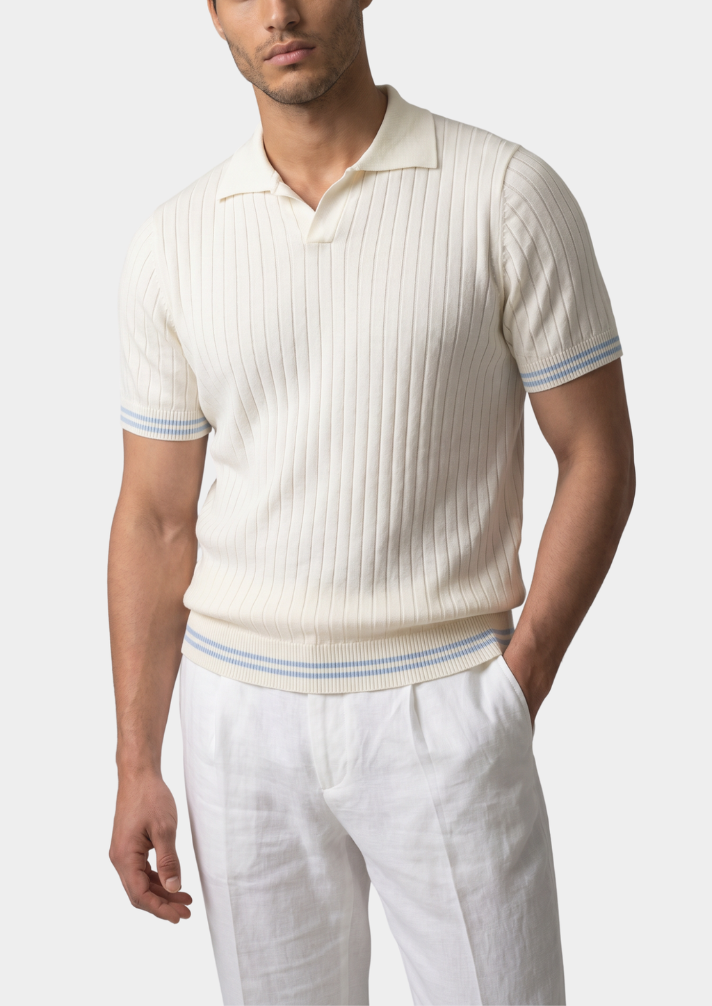 Ivory Ribbed Buttonless Polo Shirt