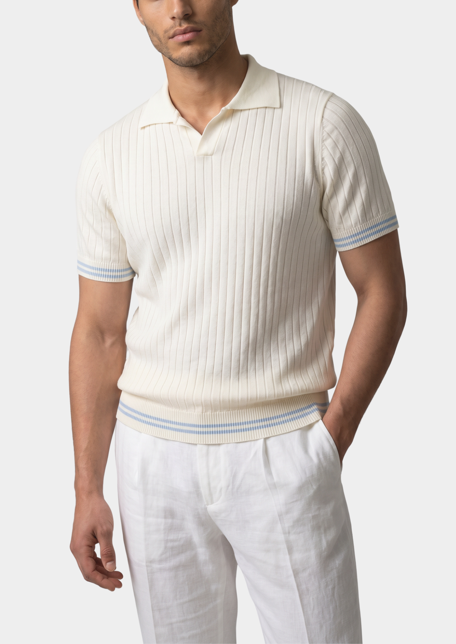 Ivory Ribbed Buttonless Polo Shirt