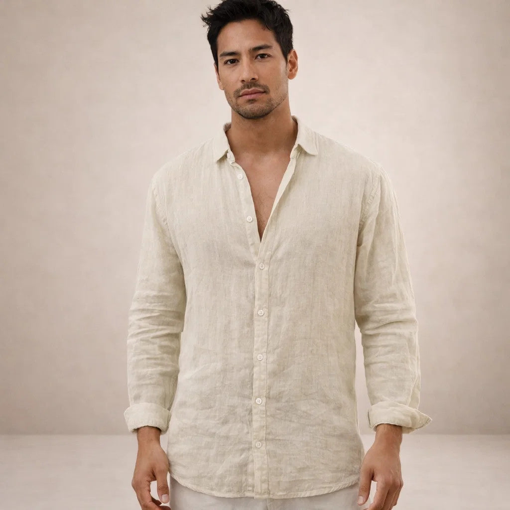 Linen Shirt for Men, Regular Fit, Open Collar