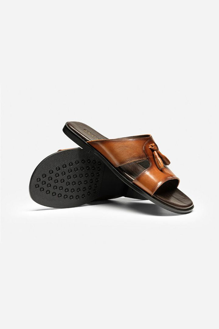 Brown Bullock Tassel Leather Slides