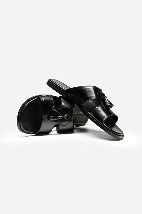 Bullock Leather Slides with Tassels - Black