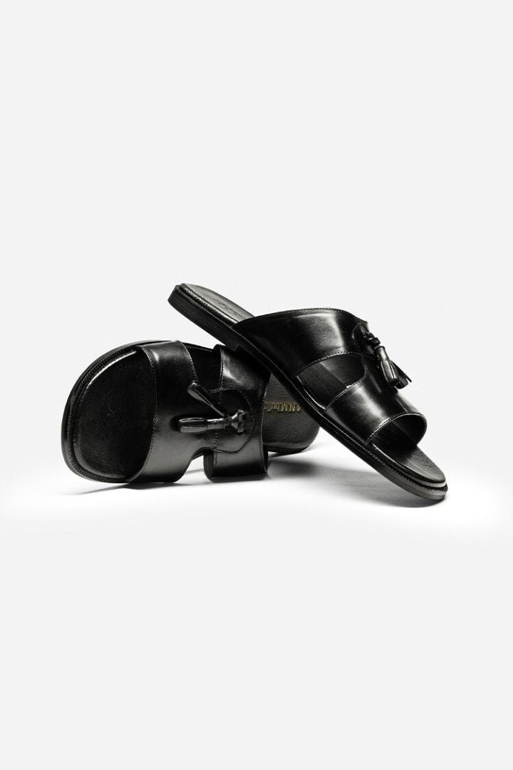 Bullock Leather Slides with Tassels - Black