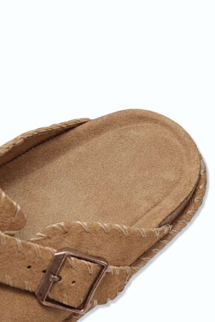 Camel Suede Clog Sandals