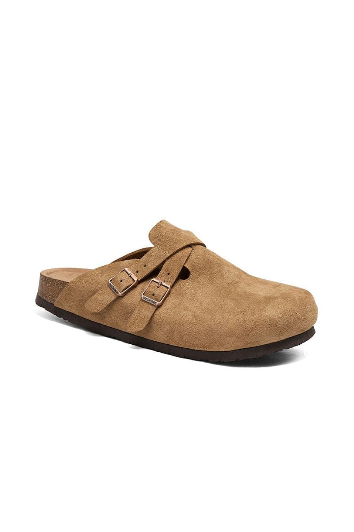 Camel Suede Double-Buckle Clog Sandals