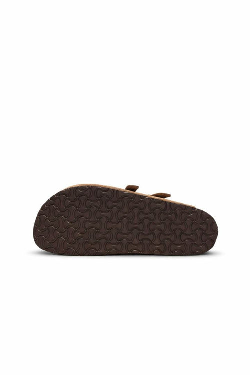 Camel Suede Double-Buckle Clog Sandals