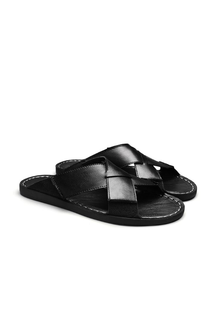 Ravello Black Leather Cross-Strap Sandals