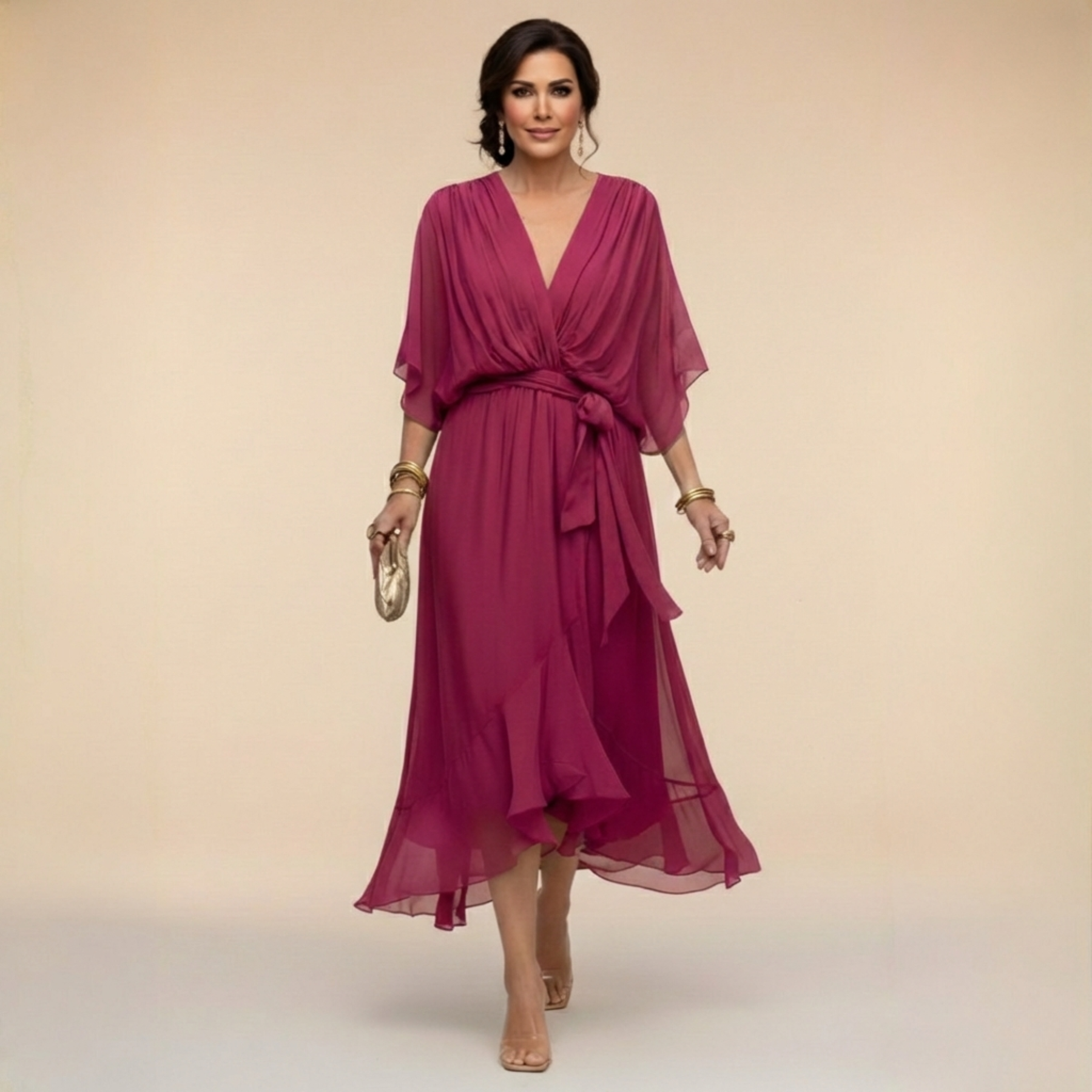 Elena Silk V-Neck Midi Dress