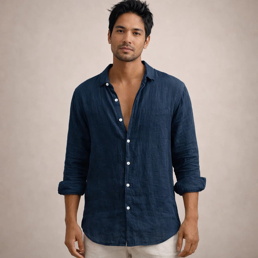 Linen Shirt for Men, Regular Fit, Open Collar