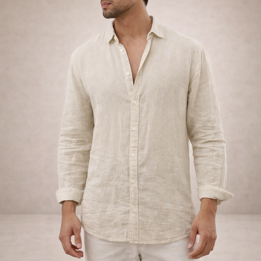 Linen Shirt for Men, Regular Fit, Open Collar
