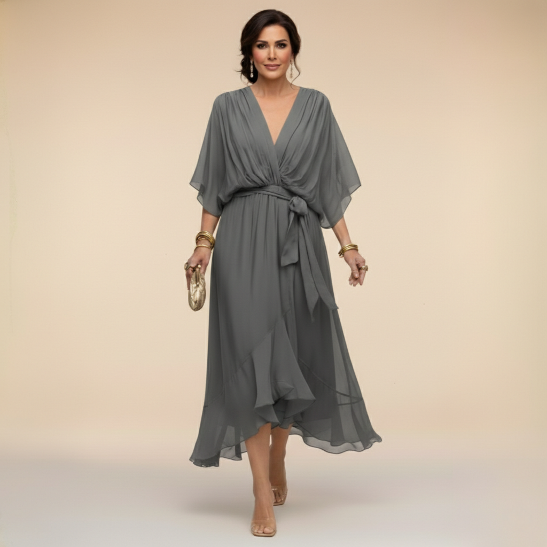 Elena Silk V-Neck Midi Dress