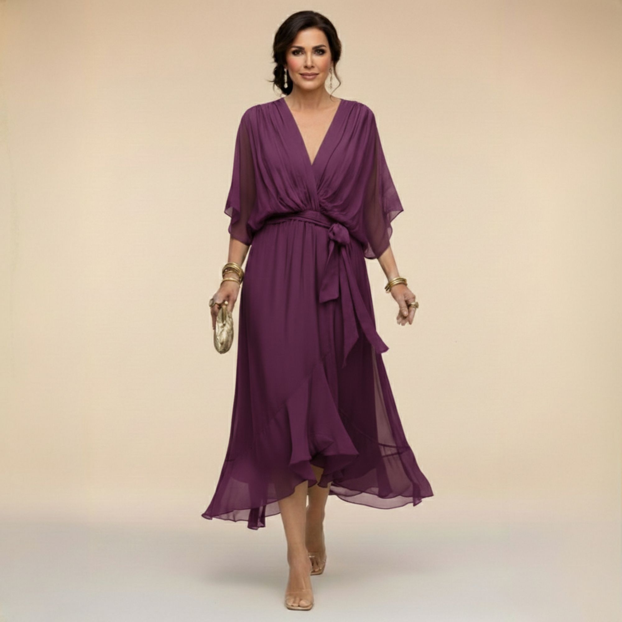 Elena Silk V-Neck Midi Dress