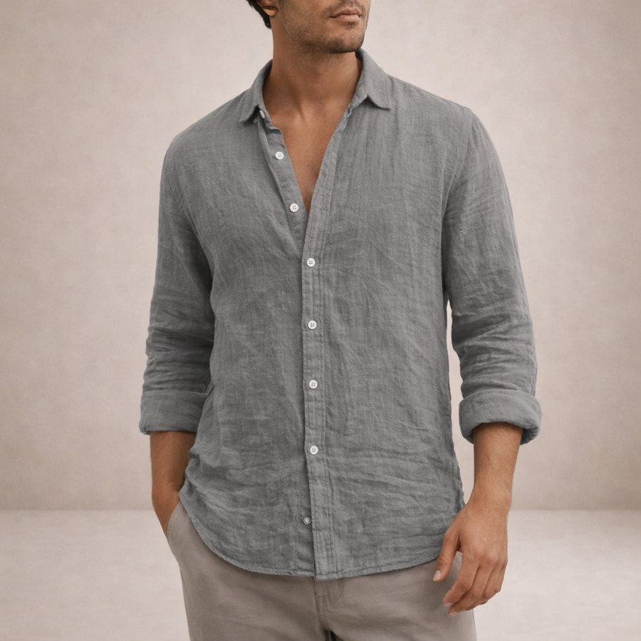 Linen Shirt for Men, Regular Fit, Open Collar