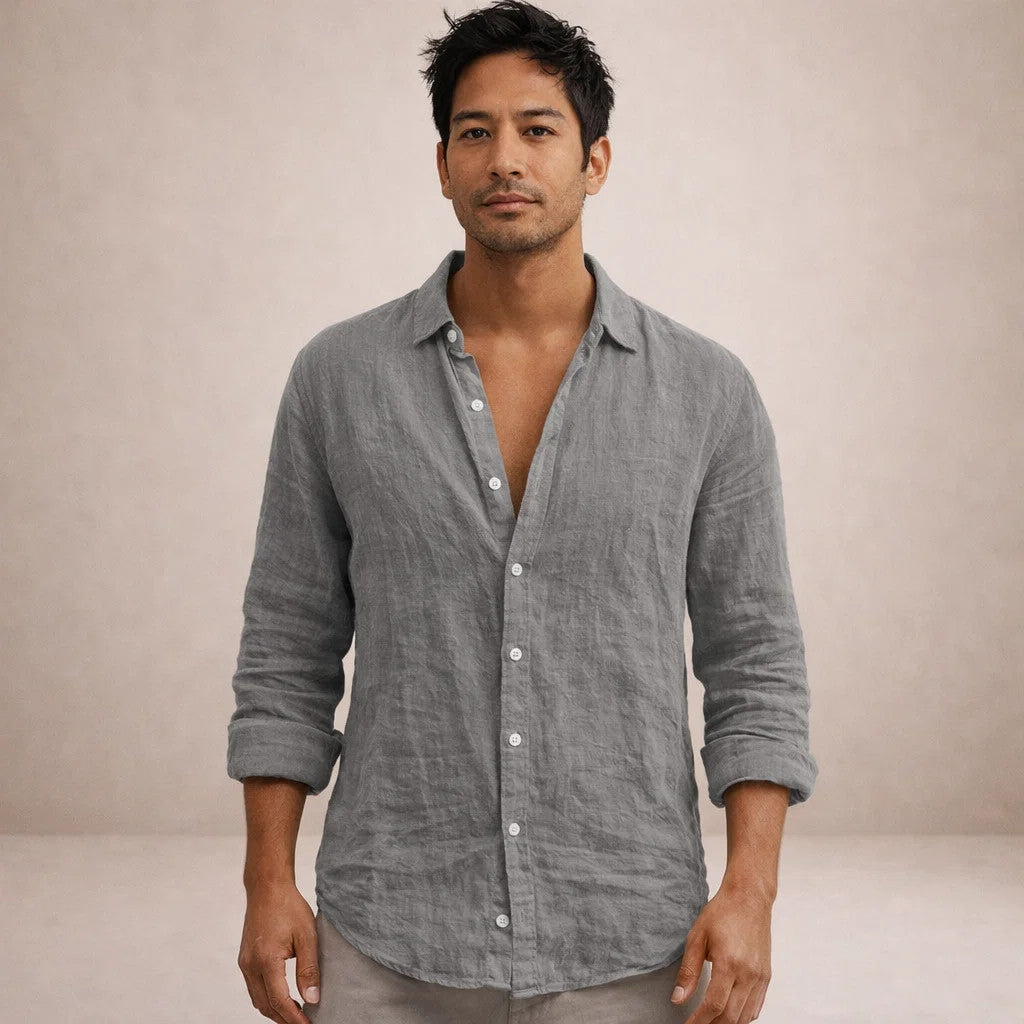 Linen Shirt for Men, Regular Fit, Open Collar