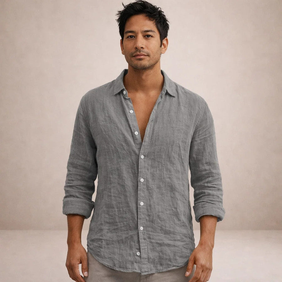 Linen Shirt for Men, Regular Fit, Open Collar