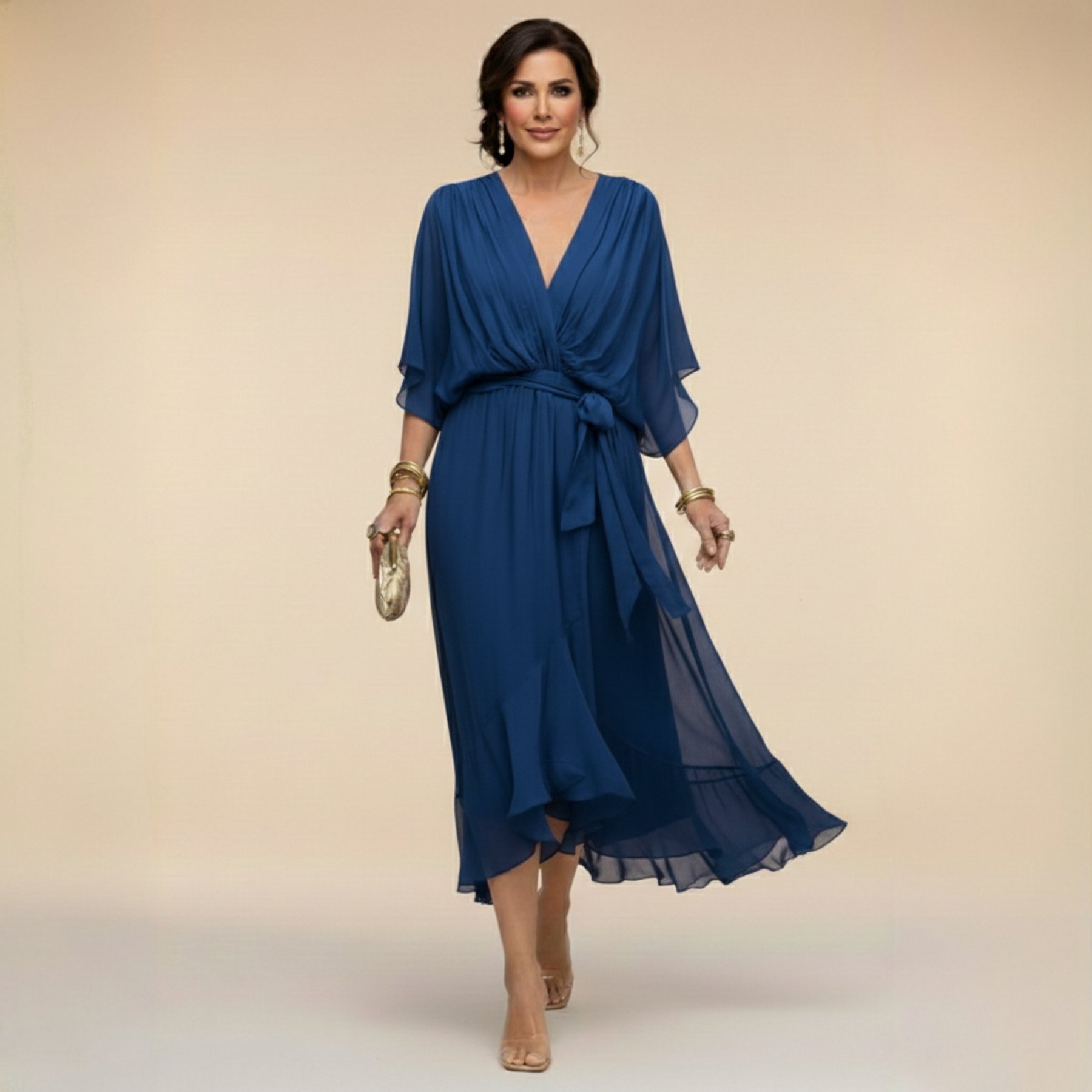 Elena Silk V-Neck Midi Dress