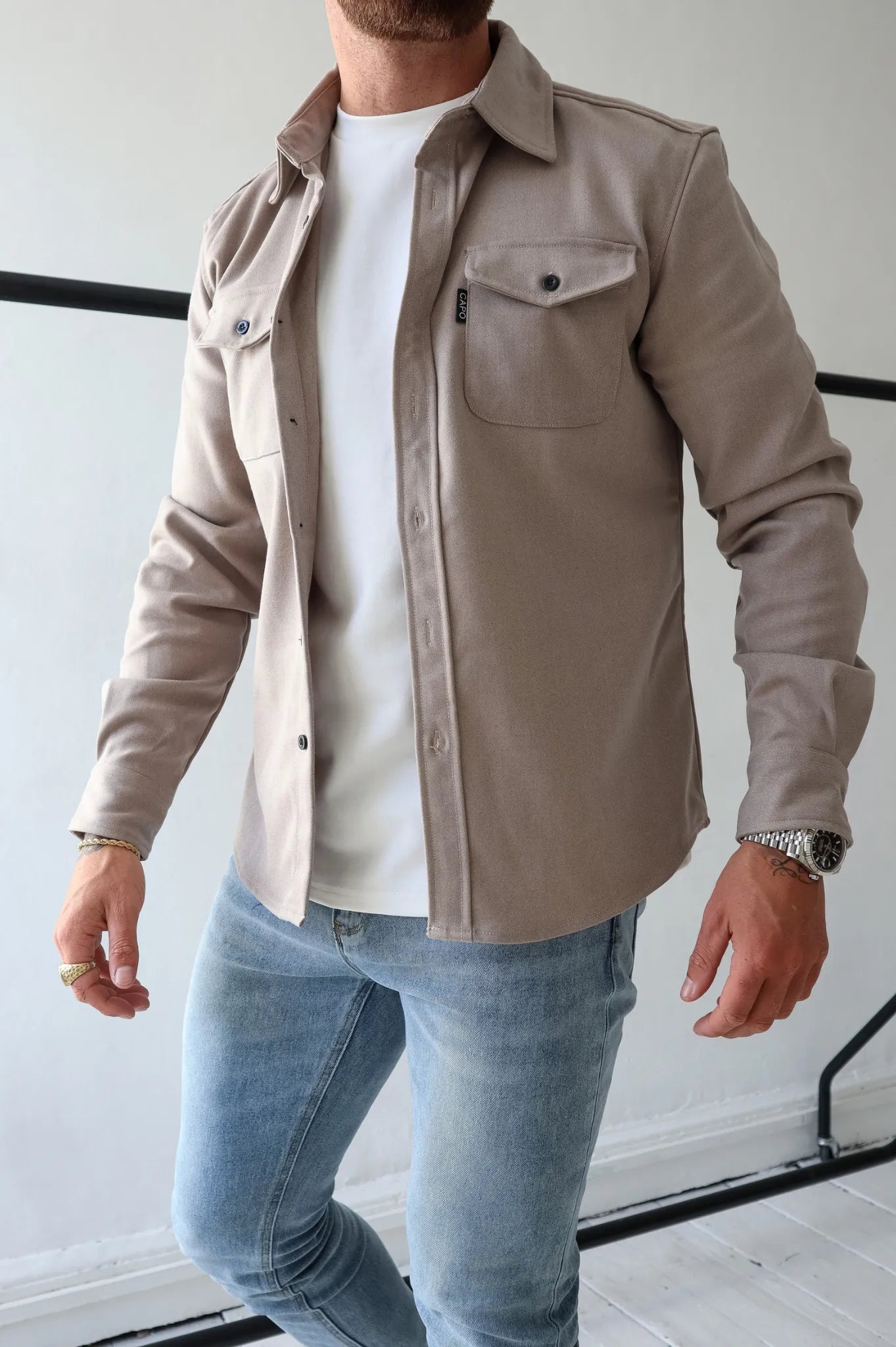 Men's Lightweight Overshirt with Pocket in Soft Beige