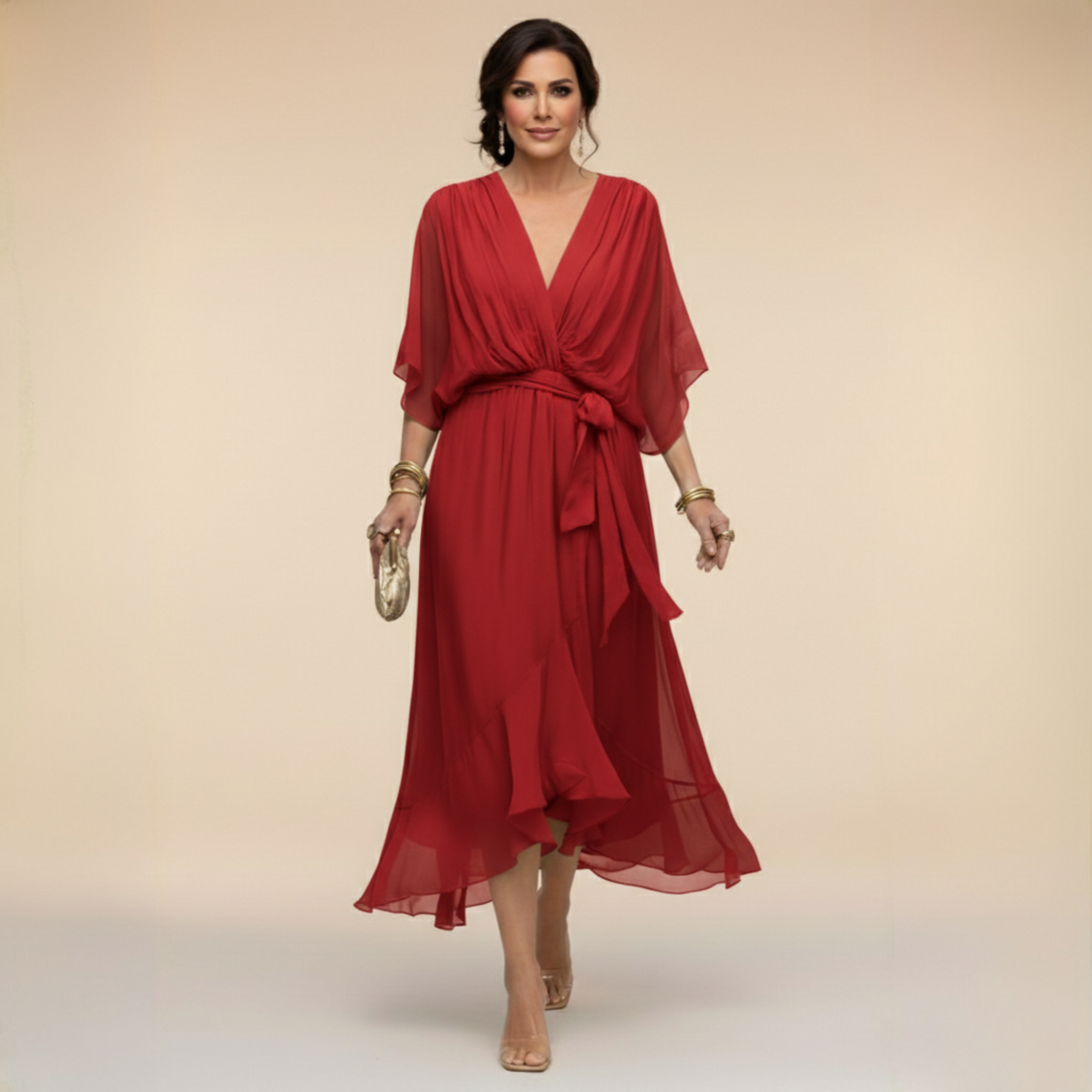 Elena Silk V-Neck Midi Dress