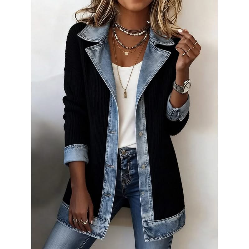 Denim-Trimmed Casual Jacket in Midnight Blue
