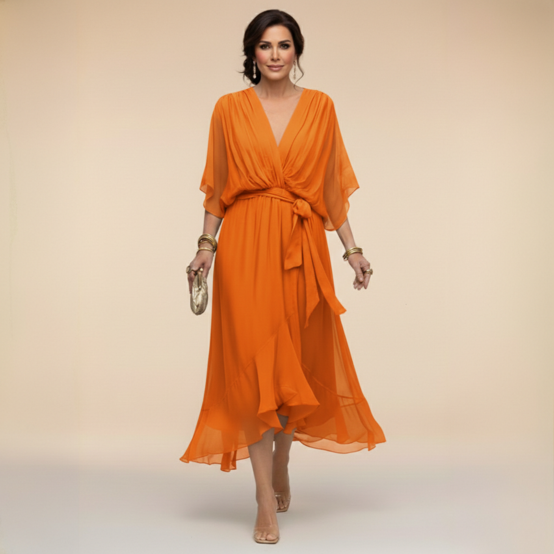 Elena Silk V-Neck Midi Dress