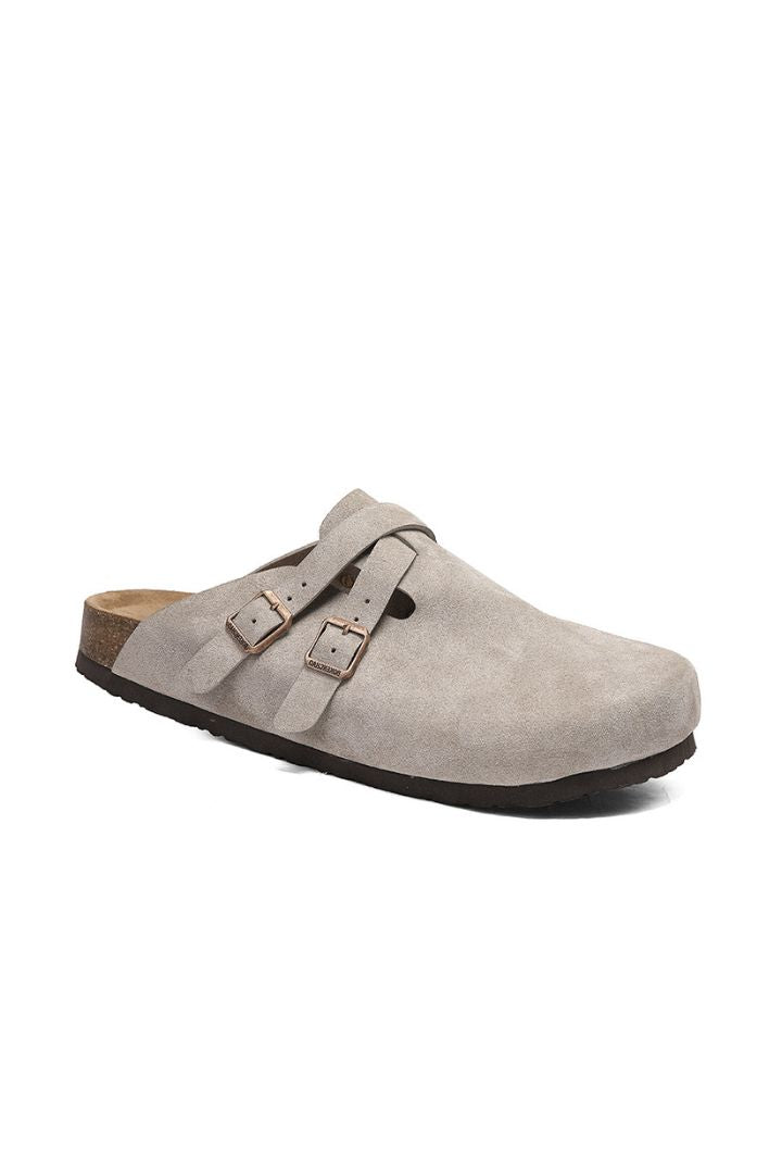 Stone Suede Double-Buckle Clog Sandals