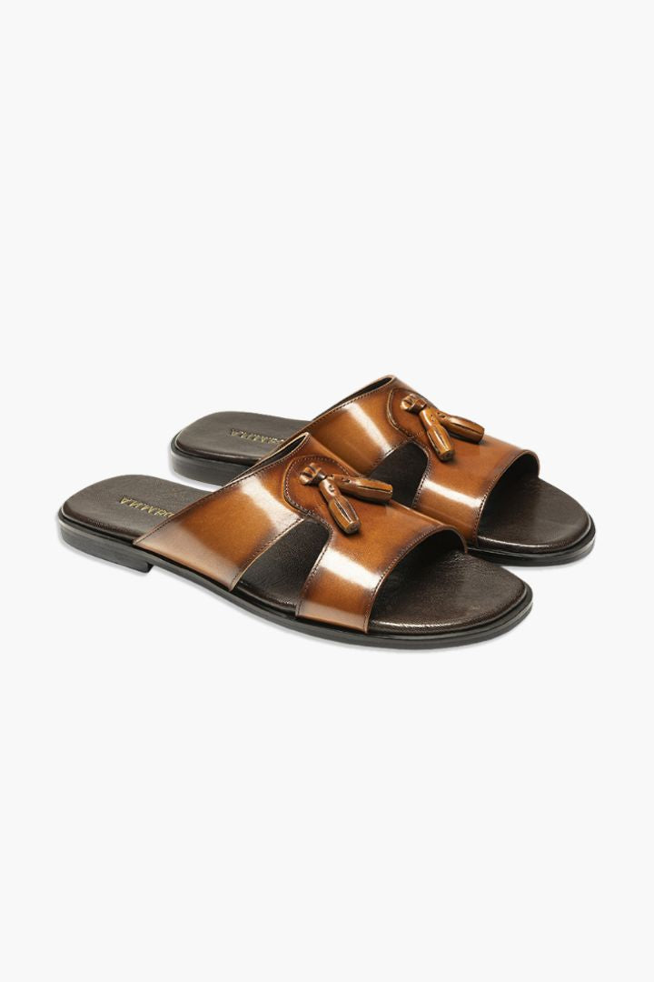 Brown Bullock Tassel Leather Slides