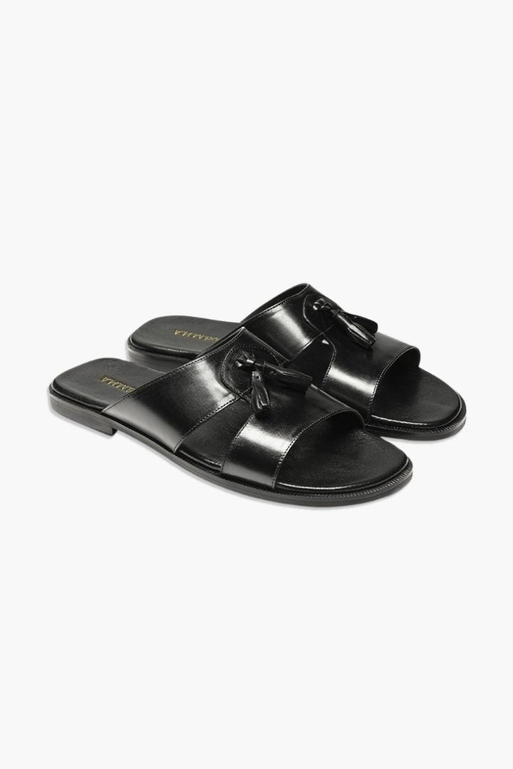 Bullock Leather Slides with Tassels - Black
