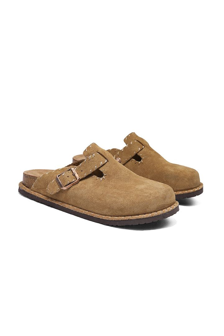 Camel Suede Clog Sandals