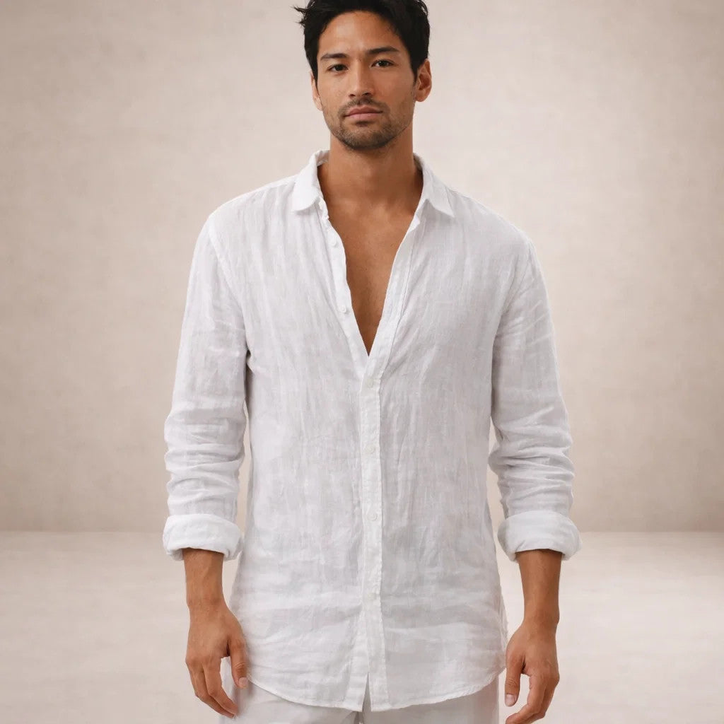 Linen Shirt for Men, Regular Fit, Open Collar