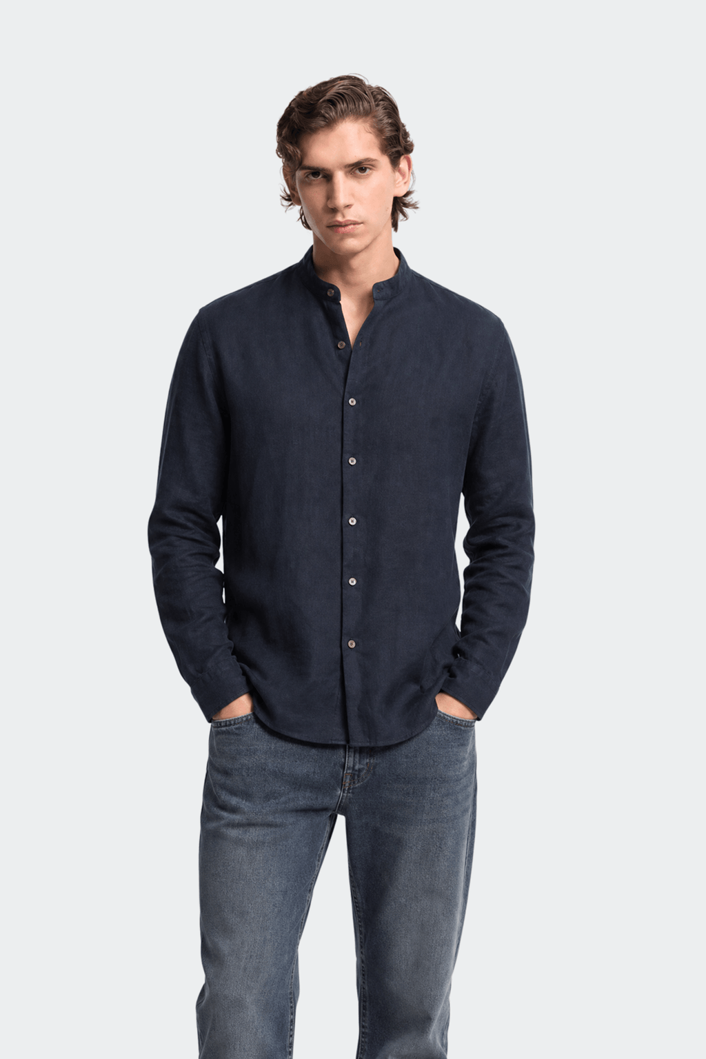 Linen Band Collar Shirt in Soft White