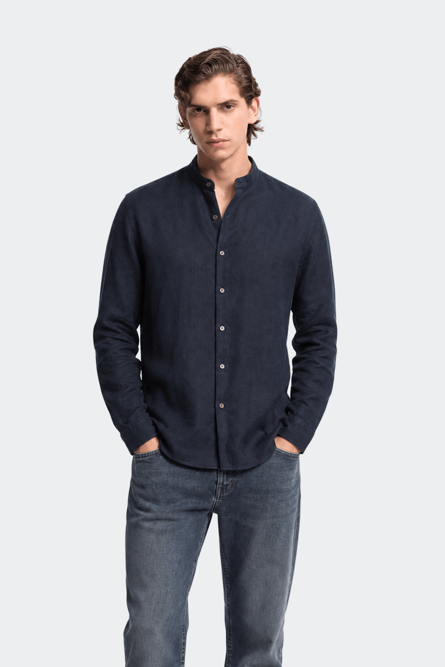 Linen Band Collar Shirt in Soft White