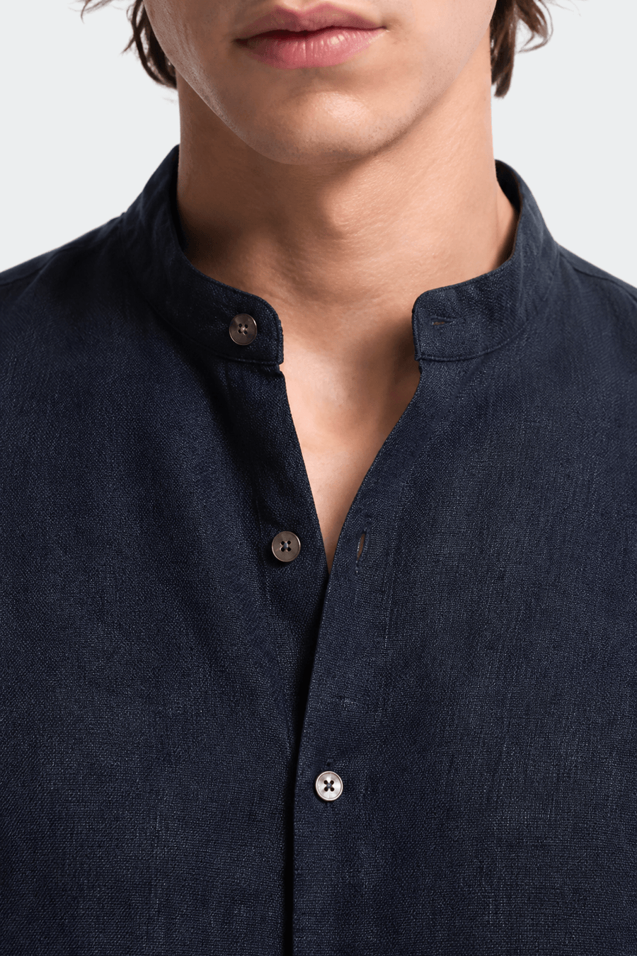 Linen Band Collar Shirt in Soft White