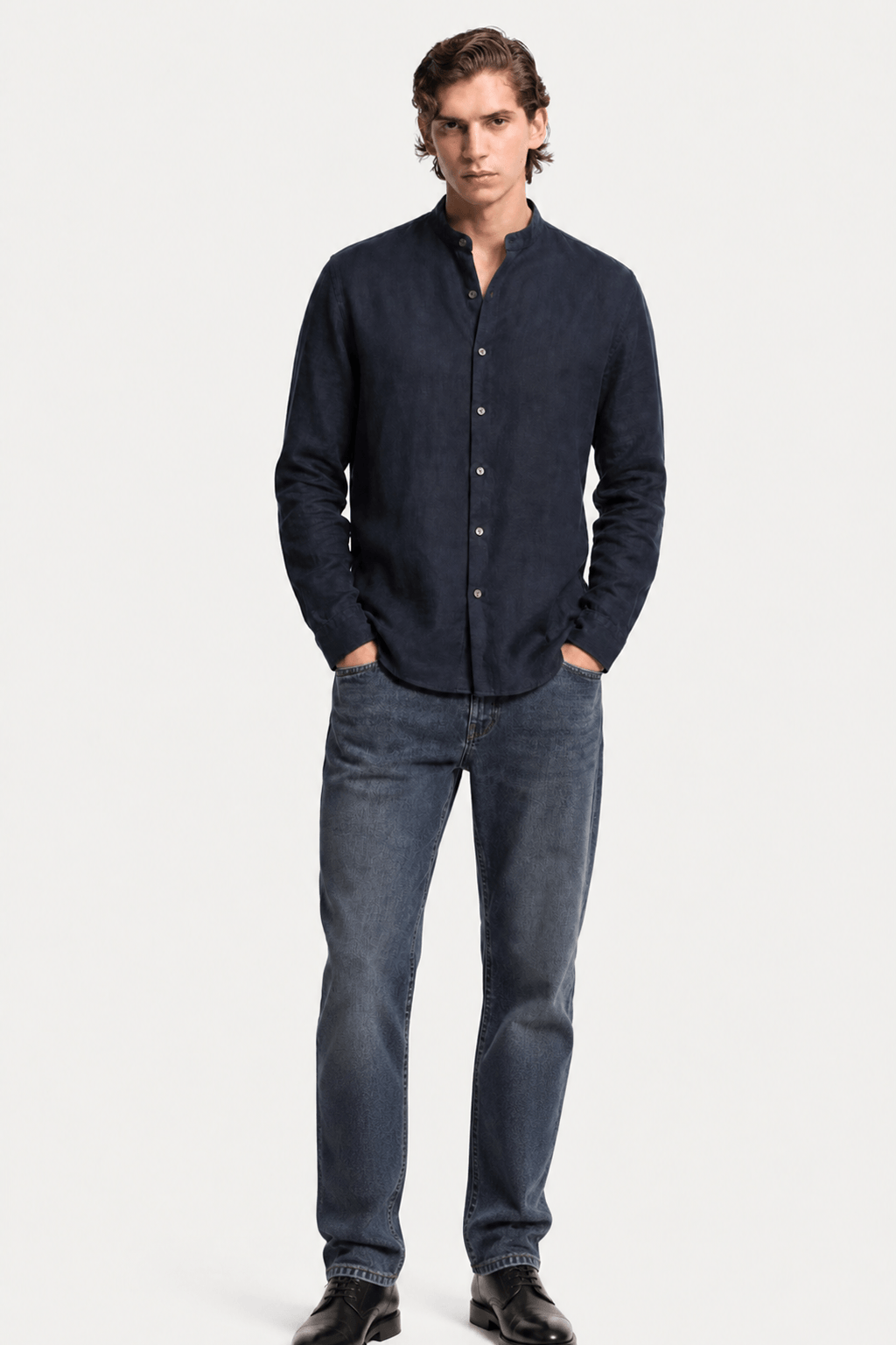 Linen Band Collar Shirt in Soft White