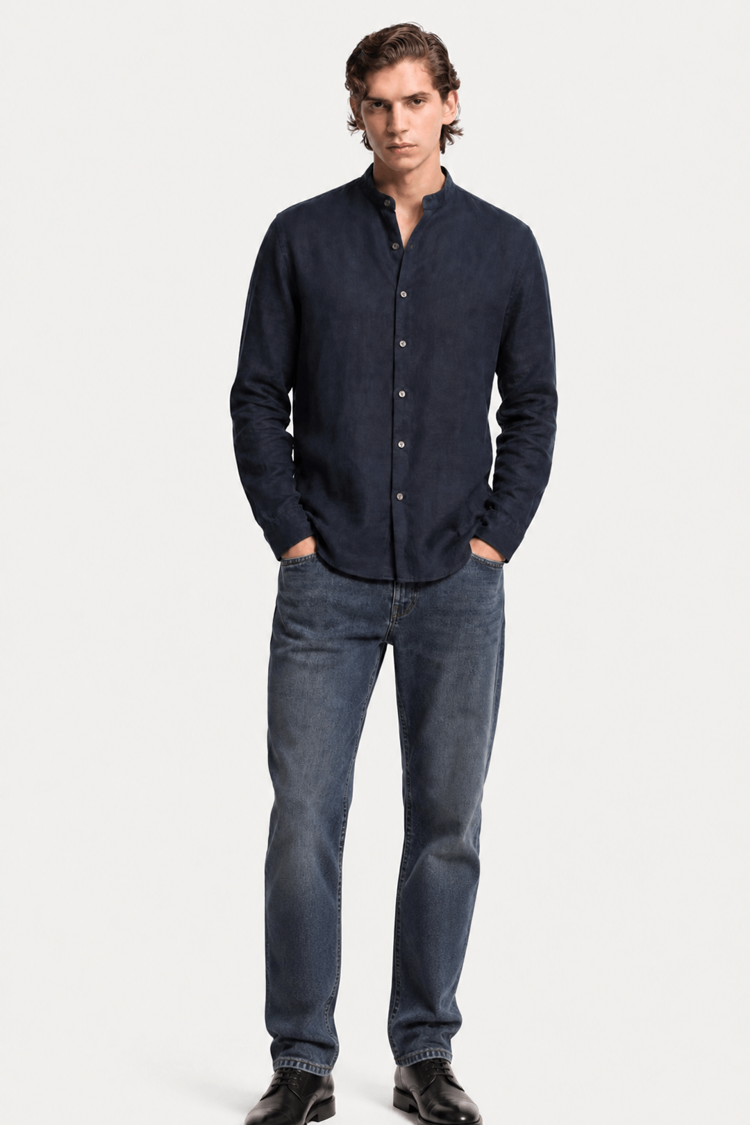 Linen Band Collar Shirt in Soft White