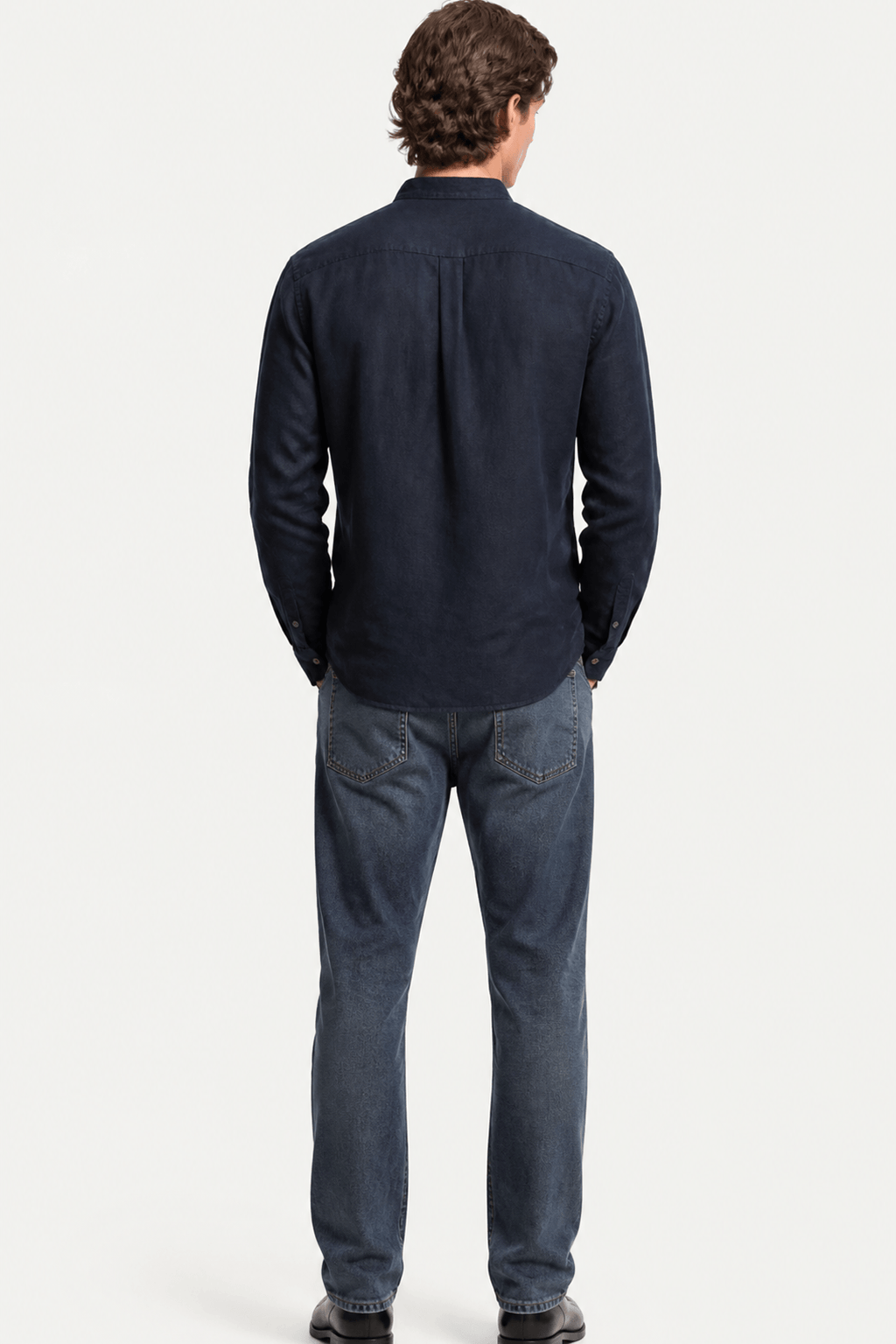 Linen Band Collar Shirt in Soft White