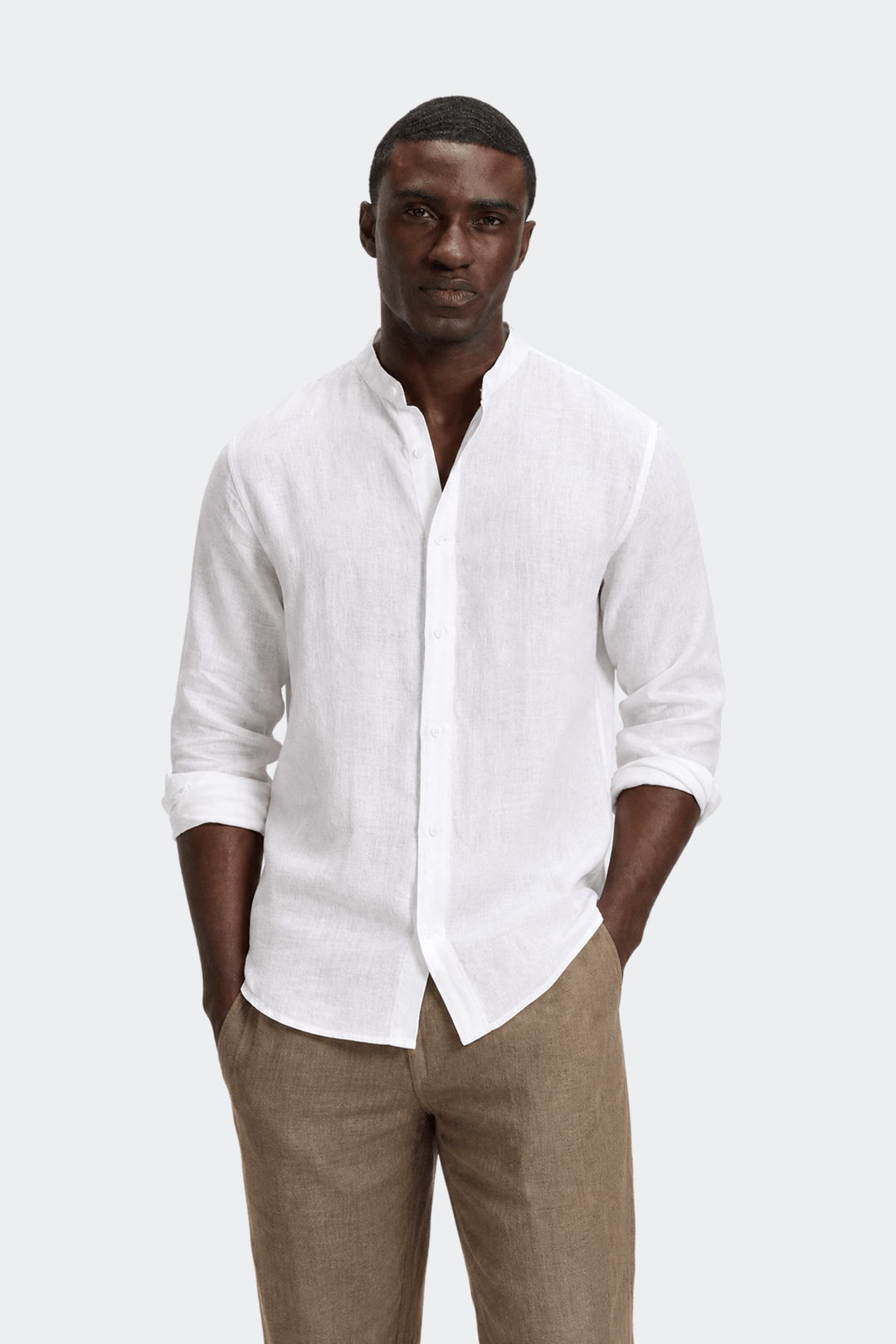 Linen Band Collar Shirt in Soft White