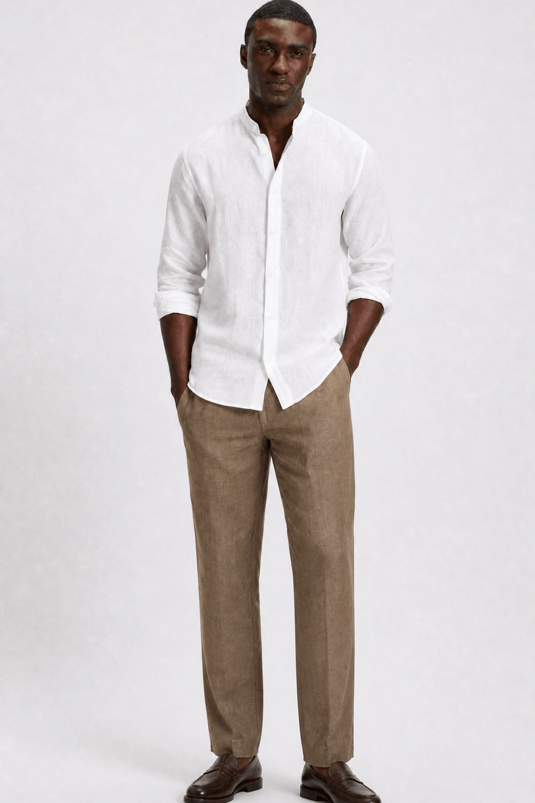 Linen Band Collar Shirt in Soft White