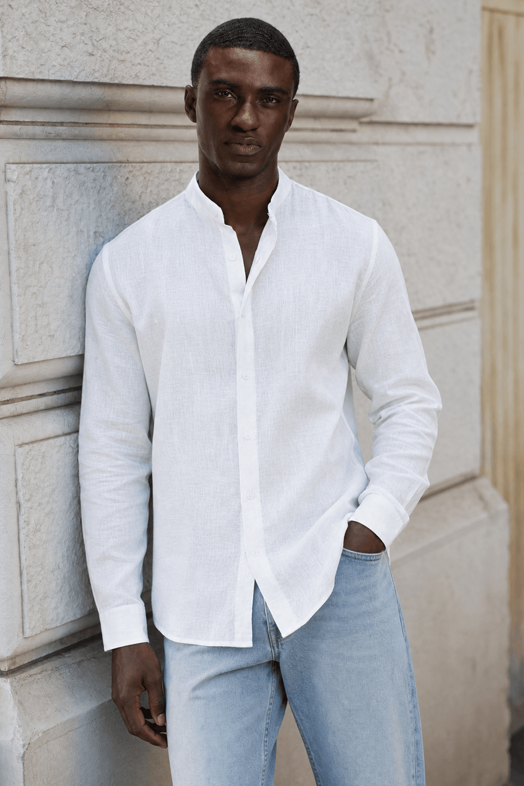 Linen Band Collar Shirt in Soft White