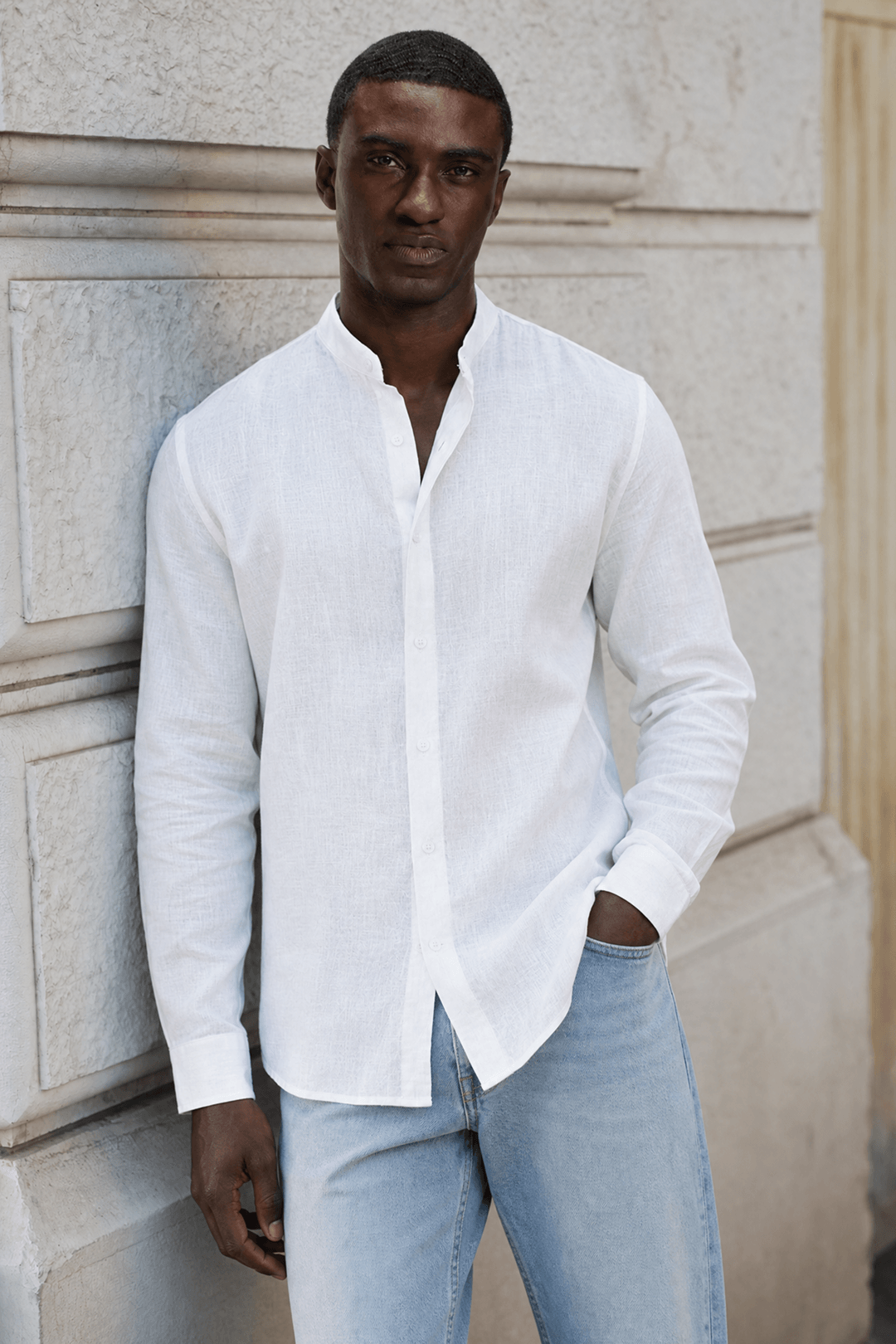 Linen Band Collar Shirt in Soft White
