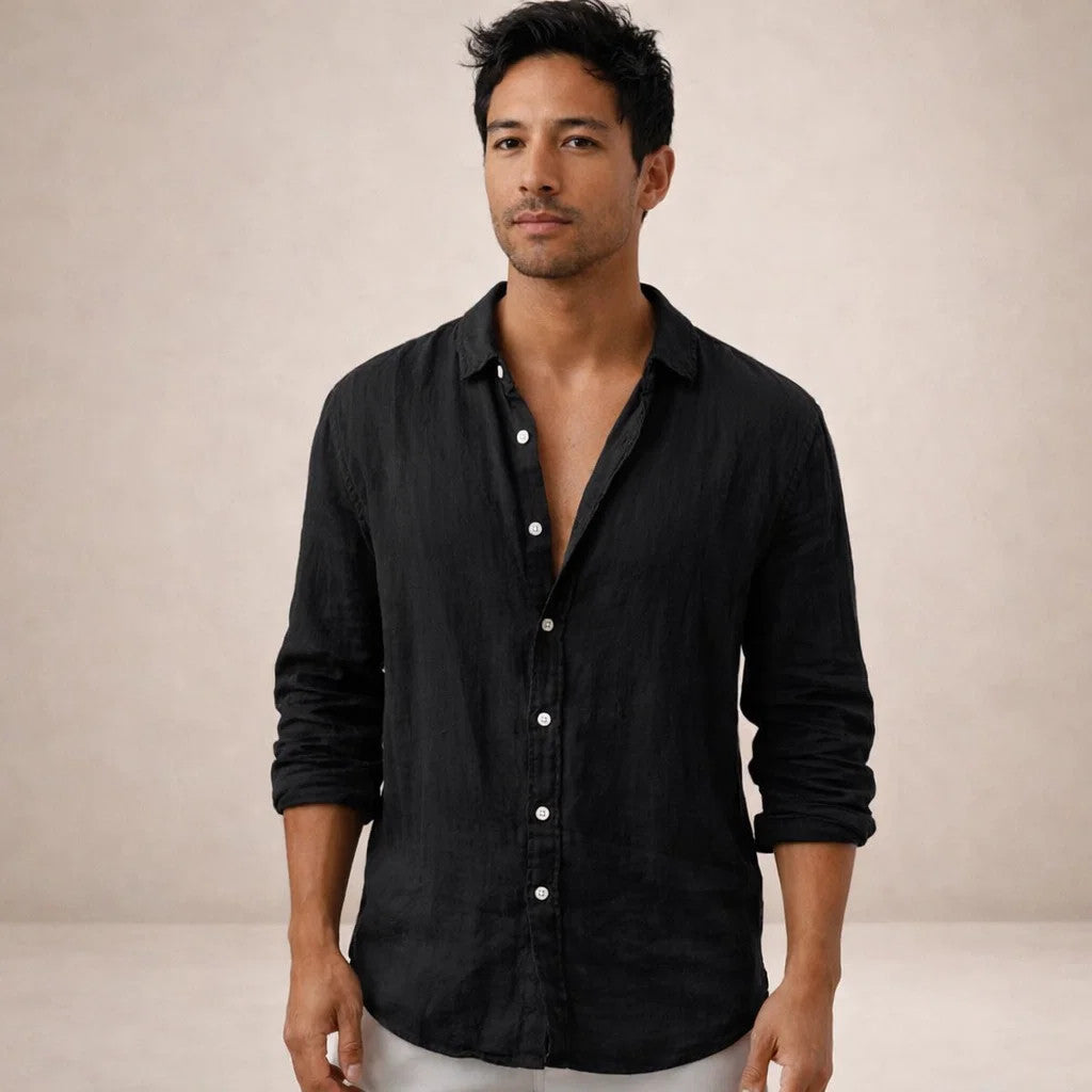 Linen Shirt for Men, Regular Fit, Open Collar
