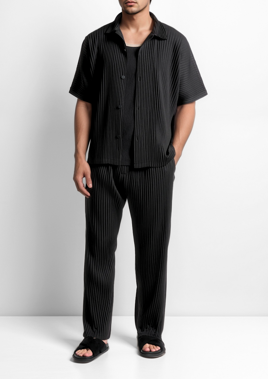 Elegant Black Pleated Summer Ensemble