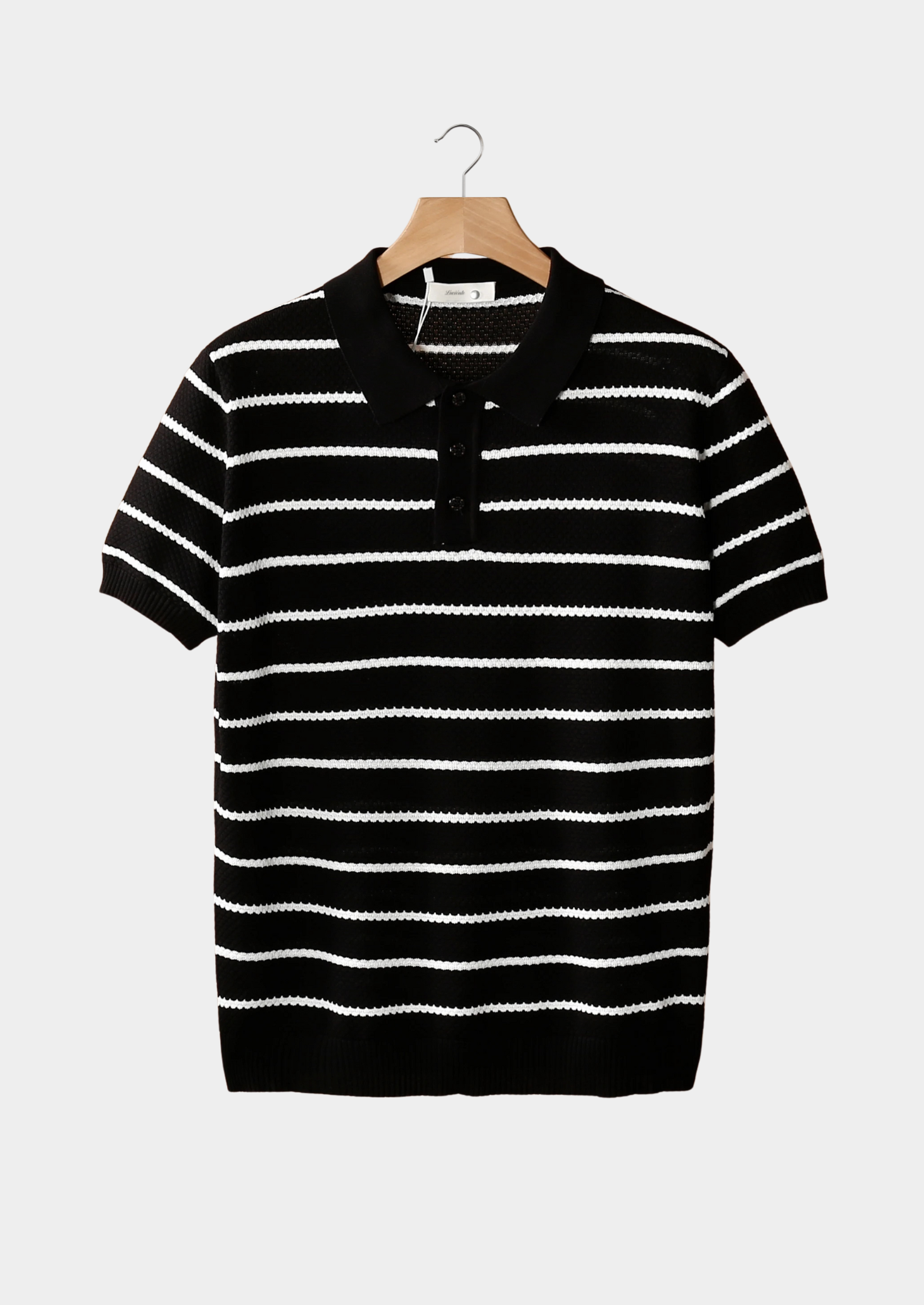 Textured Black Striped Button Polo