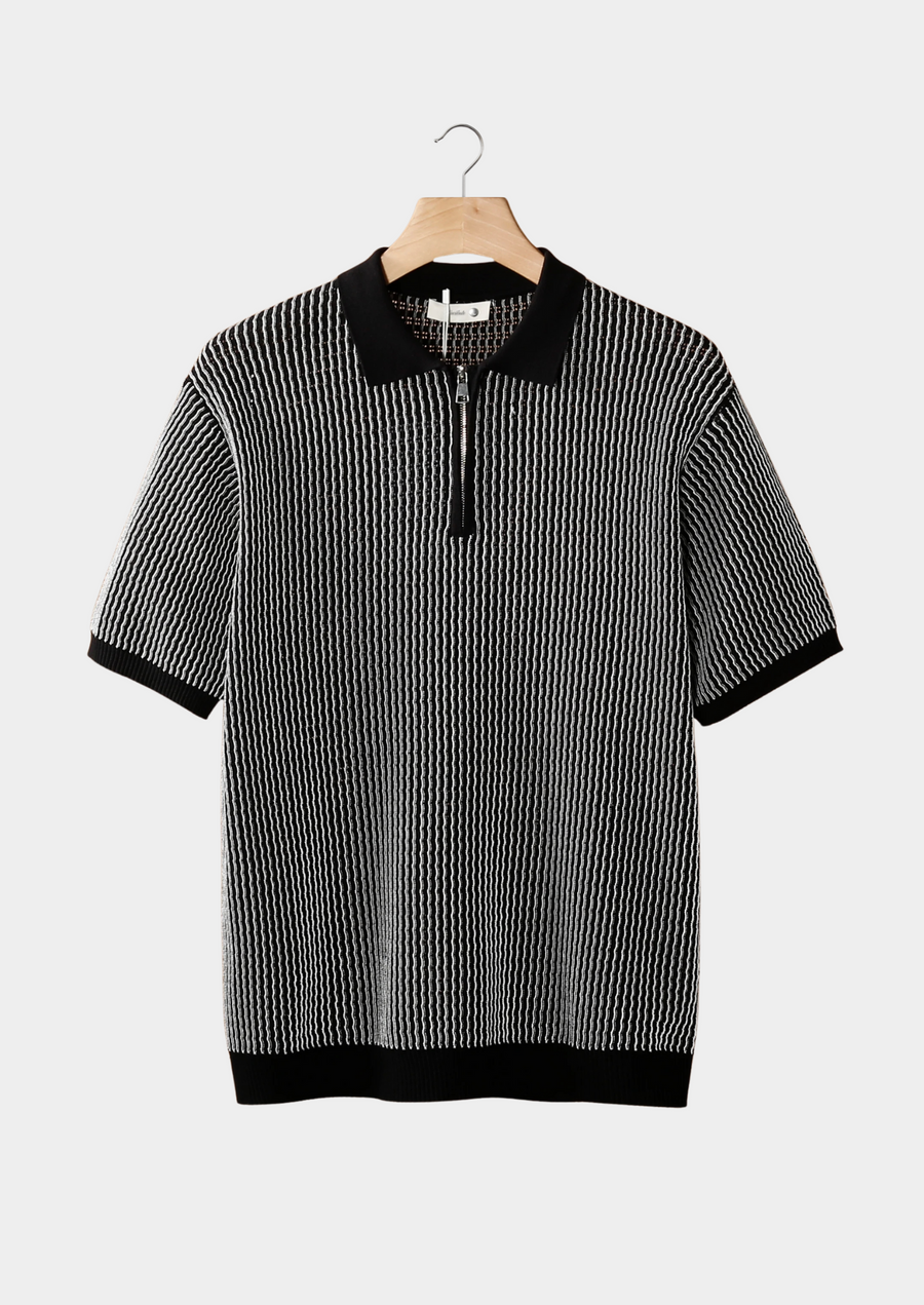 Black Geometric Textured Zippered Polo